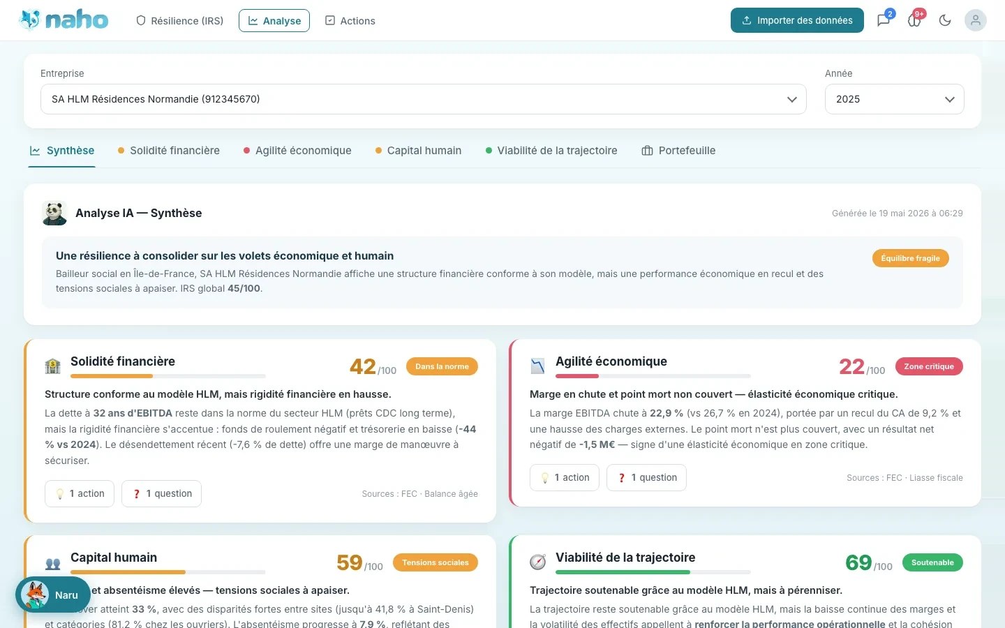Écran Naho : analyse pilier par pilier — solidité financière, agilité économique, capital humain, viabilité de la trajectoire
